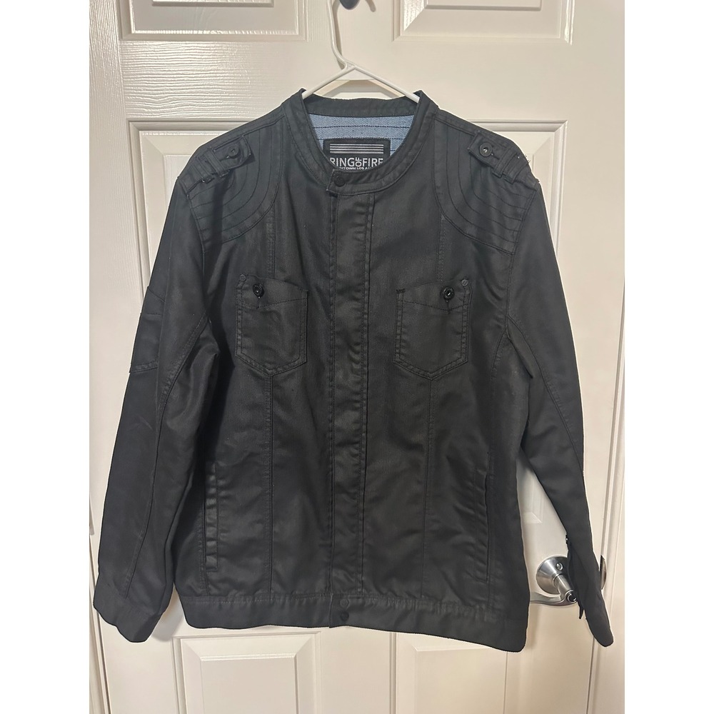 Ring of Fire Jacket Mens XXL Black Coated Moto Full Zip Epaulets Multi-Pocket